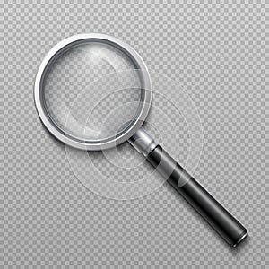 Realistic 3d magnifying glass. Vector zoom lens magnifier isolated on transparent background