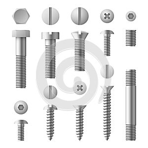 Realistic 3d metal bolts, nuts, rivets and screws isolated vector set