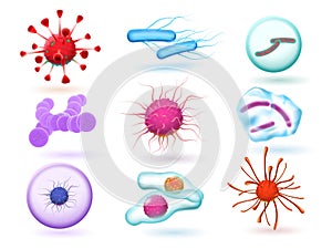 Realistic 3d microbiology bacteria, various virus, nature microorganism and science of microscopic viruses isolated photo