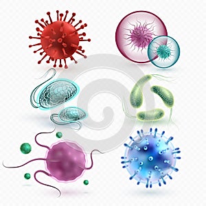 Realistic 3d microscopic viruses and bacteria vector set photo