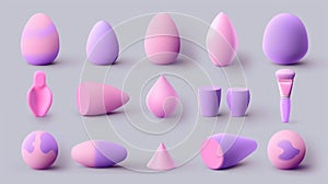 Realistic 3D modern illustration of makeup blenders, sponges for powder, concealer, foundation, pink and purple
