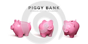 Realistic 3D piggy bank set. Pink pig isolated on white background. Piggy bank concept of money deposit and investment