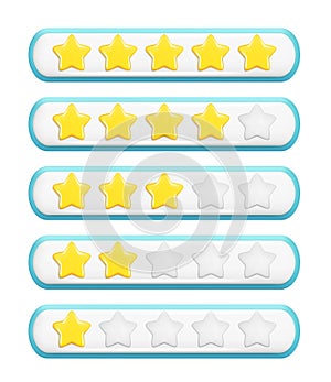 Realistic 3d rating feedback with stars on a five-point scale. Customer 3d cartoon quality review, user progress 1 to 5 points