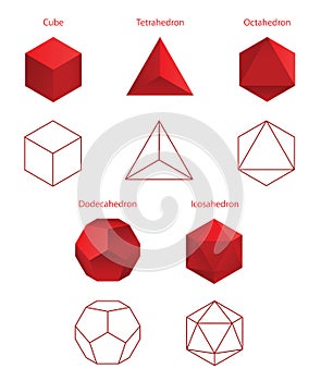 Realistic 3D red geometric shapes isolated on white background. Maths geometrical figure form, realistic shapes model photo