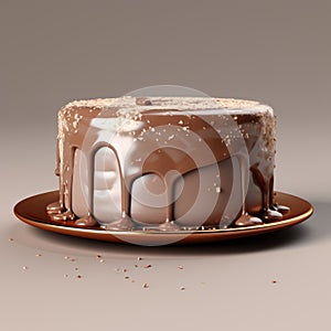 Realistic 3d Render Of Chocolate Dripping Cake On Taupe Background photo