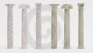 3d Render of Columns Doric, Ionic and Corinthian