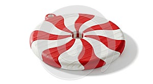 Realistic 3D Render of a Red and White Peppermint Candy Ornament on White Background