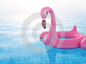 Realistic 3d rendering pink inflatable flamingo on blue water in swimming pool for summer and vacation background concept