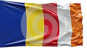Waving Romanian Flag with Vertical Stripes of Blue Yellow Red White and Orange on a White Background