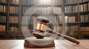 Realistic 3D rendering of a wooden judge\'s gavel resting on a dark surface with a blurred law library in the background, photo