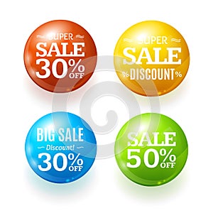 Realistic 3d Sale Discount Color Circle Button Badge Pin Set. Vector