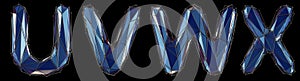 Realistic 3D set of letters U, V, W, X made of low poly style. Collection symbols of low poly style blue color glass photo