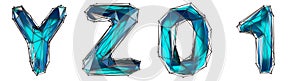 Realistic 3D set of letters Y, Z, 0, 1 made of low poly style. Collection symbols of low poly style blue color glass photo