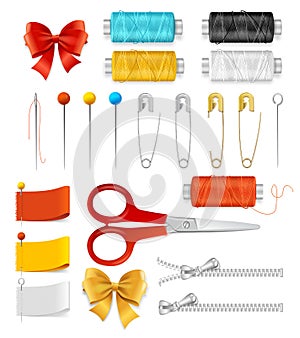 Realistic 3d Sewing Tools Accessories Set. Vector