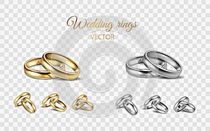 Realistic 3D shining set of wedding gold, silver, platinum rings. Two metal rings on transparent background isolated for
