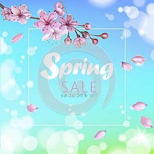 Realistic 3d spring sale script lettering web banner template. Color pink sakura cherry blossom flower blue sky