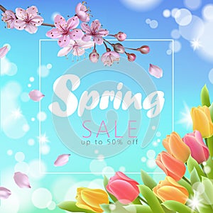 Realistic 3d spring sale script lettering web banner template. Color pink sakura cherry blossom tulip flower blue sky