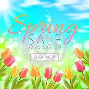 Realistic 3d spring sale script lettering web banner template. Color tulip flowers grass blue sky blue background shop