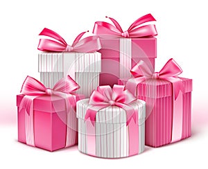 Realistic 3D White Gifts with Colorful Gold Ribbons photo