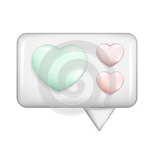 Realistic 3d white glossy speech bubble with colorful hearts. Cartoon 3d message box symbol, chatting box, chat dialogue icon with
