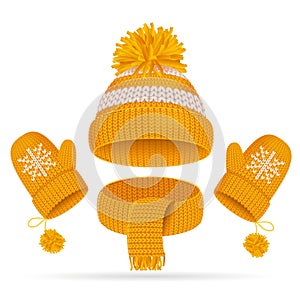 Realistic 3d Hat with a Pompom, Scarf and Mitten Set. Vector
