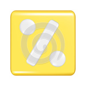 Realistic 3d yellow square shape with percent sign. Decorative square button icon, button symbol with percentage symbol element.