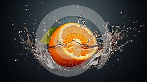 Realistic Dancy Tangerine Fruit Slice Falling With Water Splash