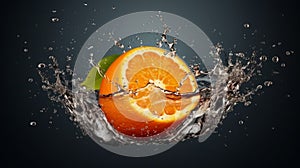 Realistic Dancy Tangerine Fruit Slice Falling With Water Splash photo