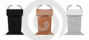 Realistic debate stage. Podium rostrum business presentation stand with microphones. Vector isolated 3D conference photo