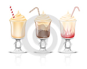 Realistic delicious milkshakes in glasses with straws. Sweet cold tasty beverages cocktails