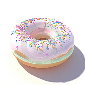 A realistic delicious pink frosted donut topped with colorful sprinkles