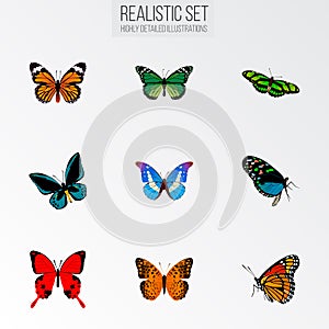 Realistic Demophoon, Monarch, Green Peacock And Other Vector Elements. Set Of Butterfly Realistic Symbols Also Includes