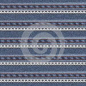 Realistic denim seamless texture with white lace sewn.