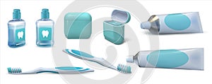 Realistic dental care. 3D toothpaste in tube, pair of toothbrushes, mouthwash and dental floss. Vector set of isolated