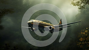 Realistic Depiction Of A Black And Yellow Airplane Flying Over A Forest