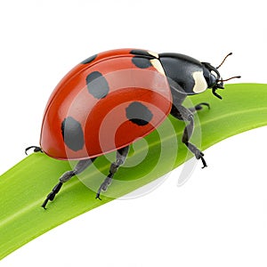 A realistic depiction of a ladybug (Coccinellidae) on a vibrant green leaf. The insect photo