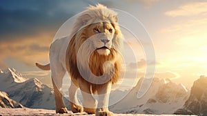 Realistic Depiction Of A Majestic Lion Walking Across A Mountain Top