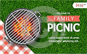 Realistic Detailed 3d Barbecue Grill and Family Picnic Ads Banner Concept Poster Card. Vector