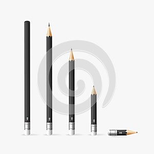 Realistic Detailed 3d Black Sharp Lead Pencil with Eraser on Rear End Set. Vector