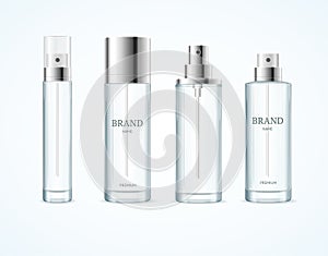 Realistic Detailed 3d Blank Perfume Bottle Template Mockup Set. Vector