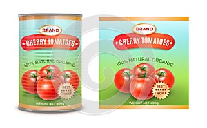 Realistic Detailed 3d Canned Cherry Tomatoes Can and Label Set. Vector