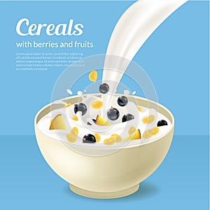 Realistic Detailed 3d Cereals Oatmeal Breakfast in White Ceramic Bowl Placard Banner Card. Vector