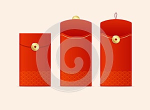 Realistic Detailed 3d Chinese Red Packet or Envelope Set. Vector