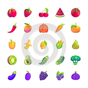 Realistic Detailed 3d Color Fluent Fruit and Vegetable Icon Set. Vector