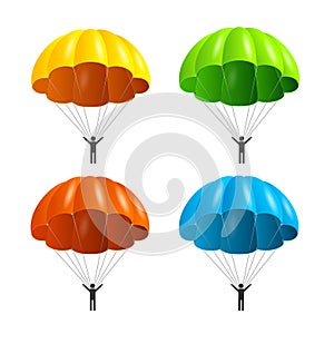 Realistic Detailed 3d Color Parachute and Black Silhouette Person Set. Vector