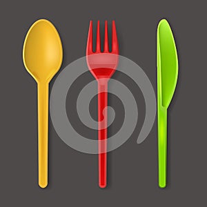 Realistic Detailed 3d Color Plastic Cutlery Set. Vector