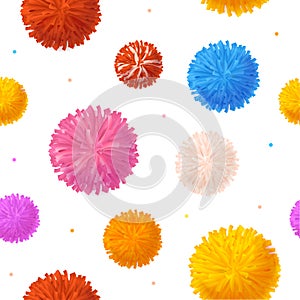 Realistic Detailed 3d Colorful Pom Poms Seamless Pattern Background. Vector