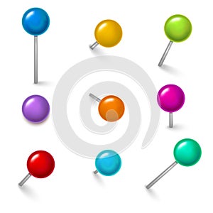 Realistic Detailed 3d Colorful Push Pins Different Angles Set. Vector