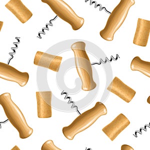 Realistic Detailed 3d Corkscrew and Cork Seamless Pattern Background. Vector