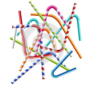 Realistic Detailed 3d Different Color Plastic Straw Set. Vector